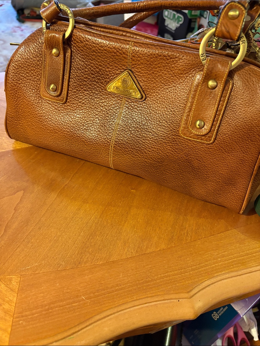 Wrangler Brown Tan Pebbled Leather Shoulder Satchel with Gold Accents